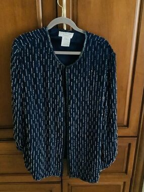 VINTAGE PAPELL BOUTIQUE NAVY BLUE SILK BEADED OPEN FRONT PLUS JACKET SZ 1X